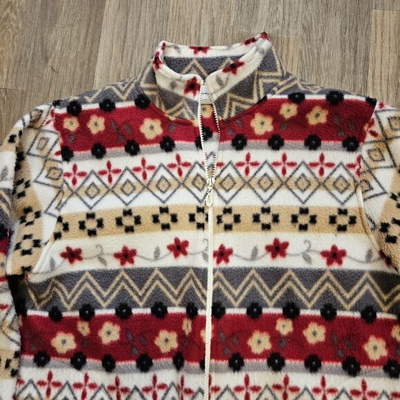 Vtg Alfred Dunner Aztec Fleece Jacket Women PS Floral Cottagecore Boho Red Beige - Picture 2 of 9